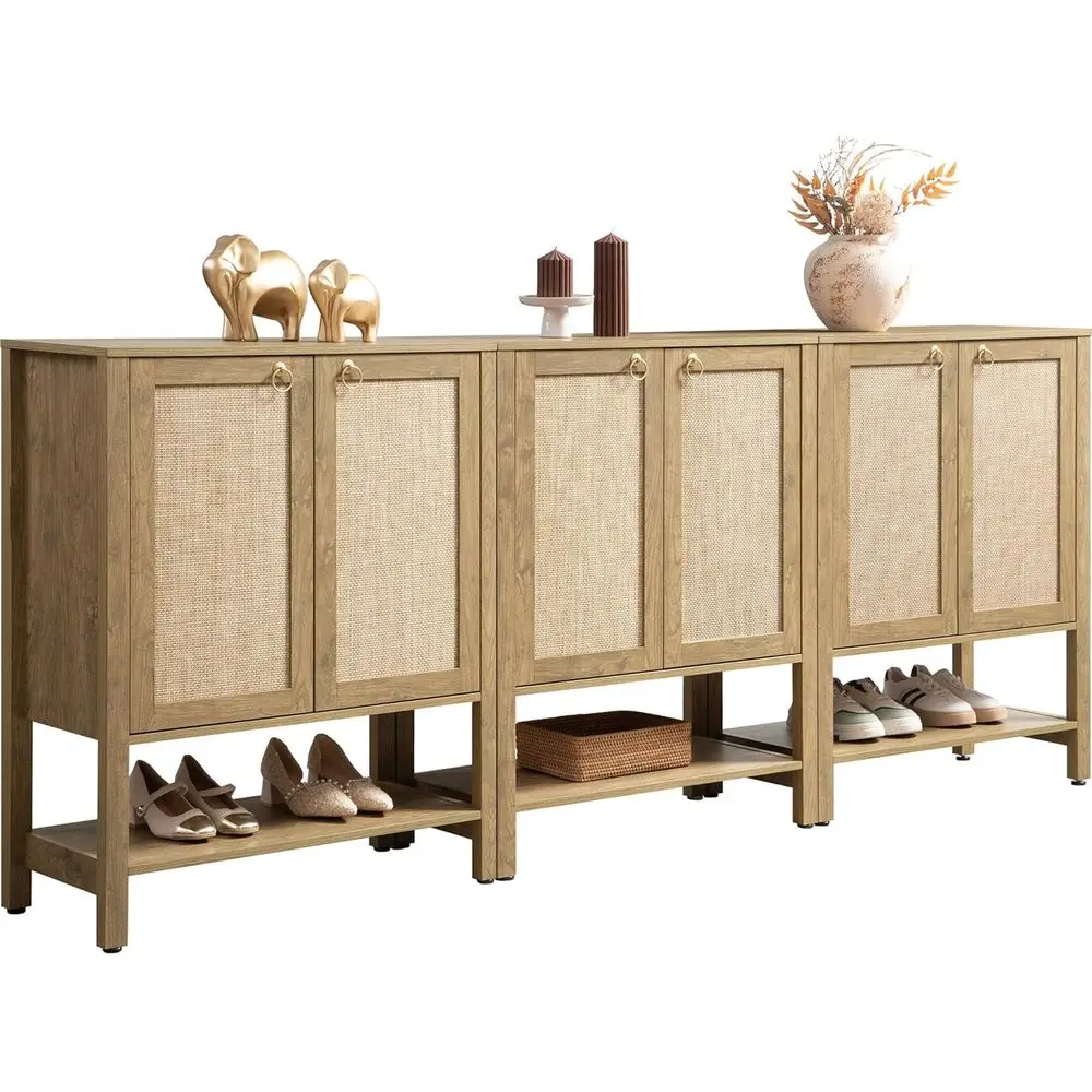 

3-Piece Boho Rattan Shoe Storage Cabinet with 5 Tiers for Entryway, Living Room, and Closet in Carbon Cherry Finish