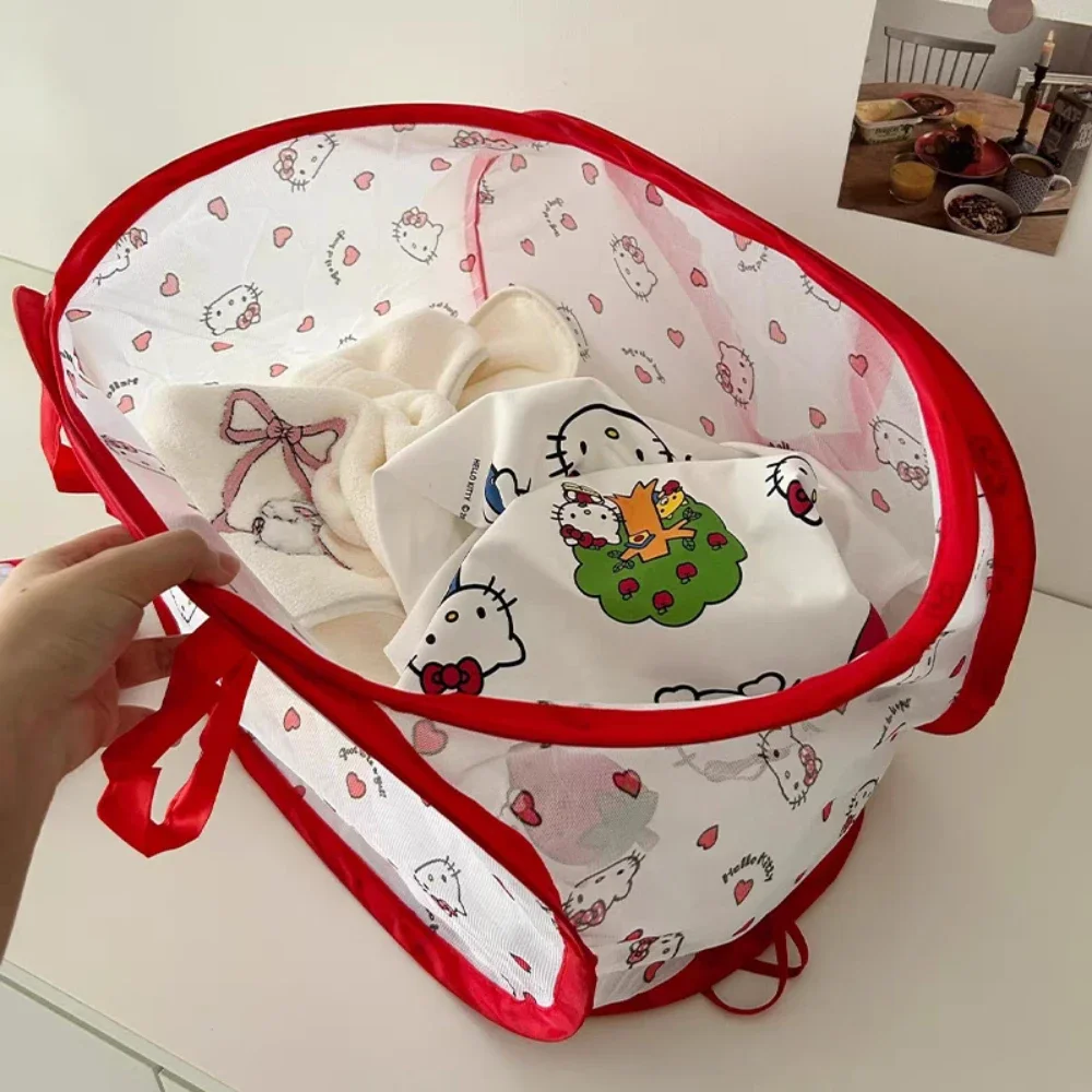 Anime Sanrio Hello Kitty Folding Dirty Laundry Basket Kawaii Kt Cat Home Folding Clothes Mesh Storage Bag Home Accessories