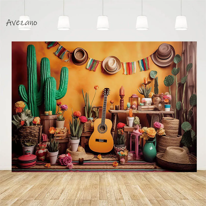 

Avezano Photography Background Western Cowboy Cactus Potted Guitar Mexico Party Backdrop Decor Cake Smash Birthday Photozone