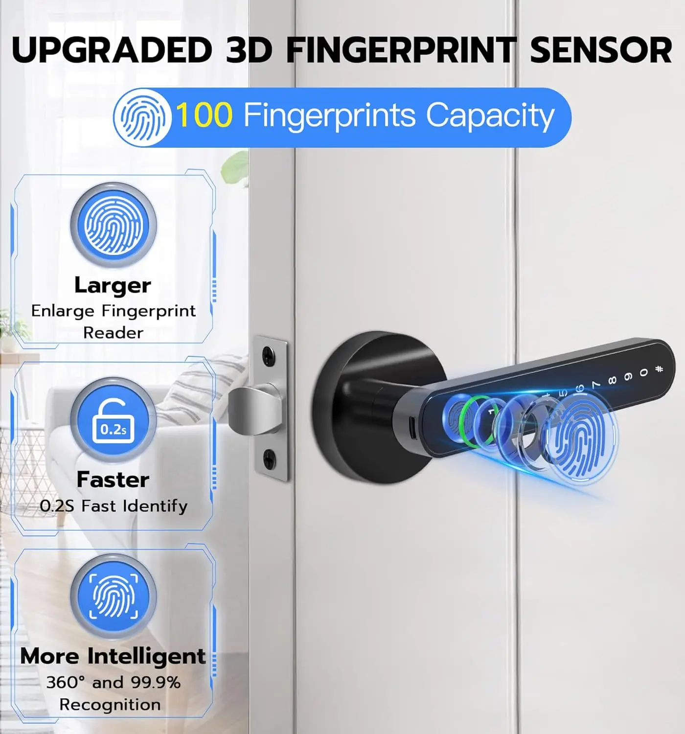 Fingerprint Door Lock com teclado, Electronic Lock, Unlocking for Interior Doors, Bedroom, Passcode, App Unlocking