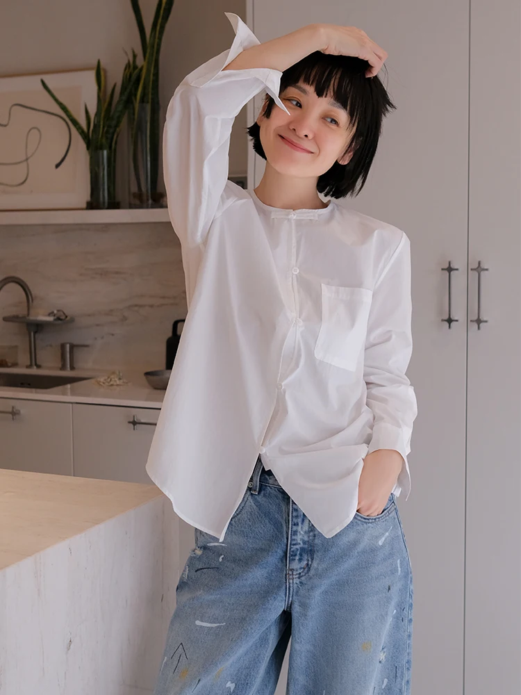

New Chinese Sle Loose Fit round Ne irt Women's Cotton Long Sve Button up Simple Design White Color Faionable irt