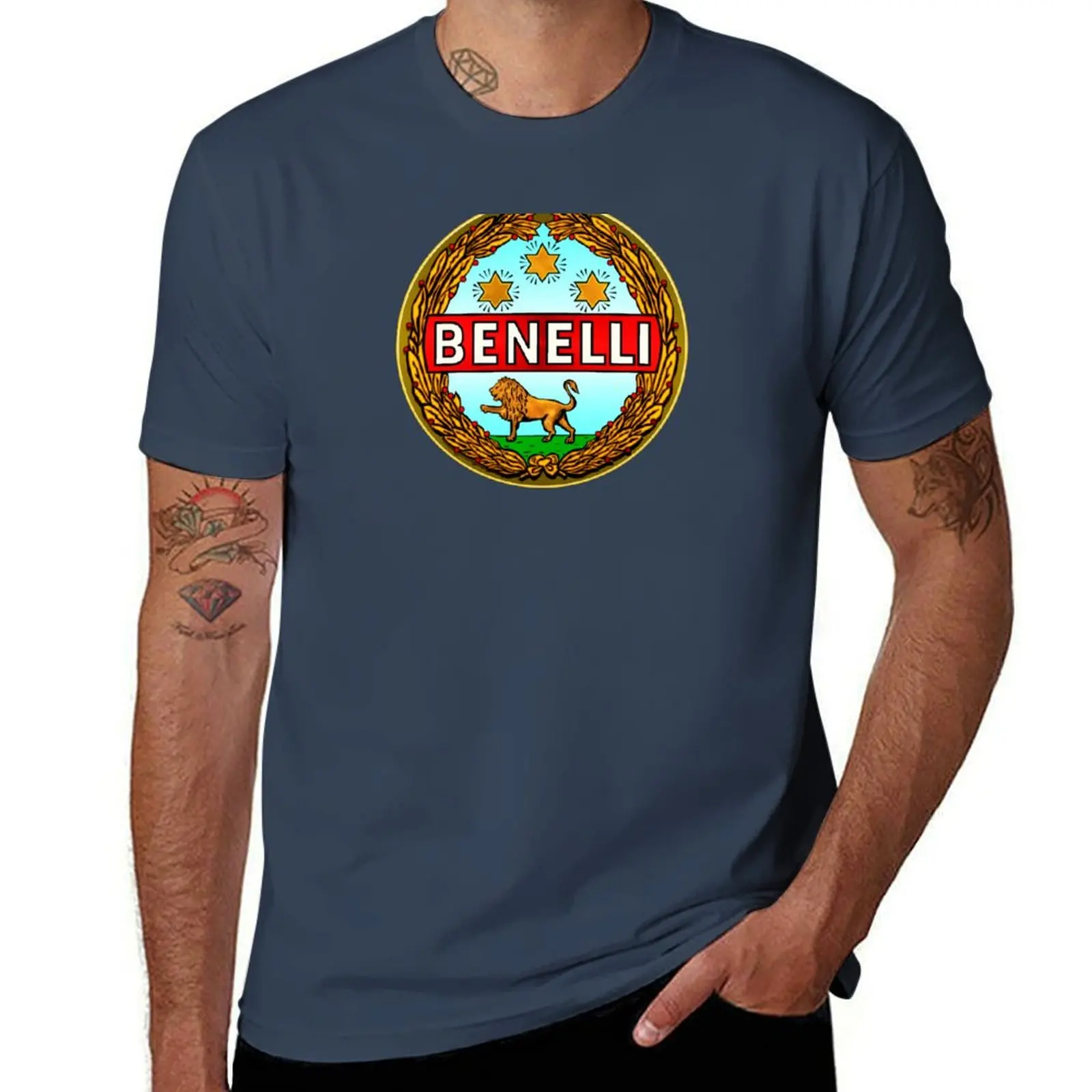 Benelli Vintage Motorcycles Italy T-Shirt Simple Solid Color Crew Neck Tee