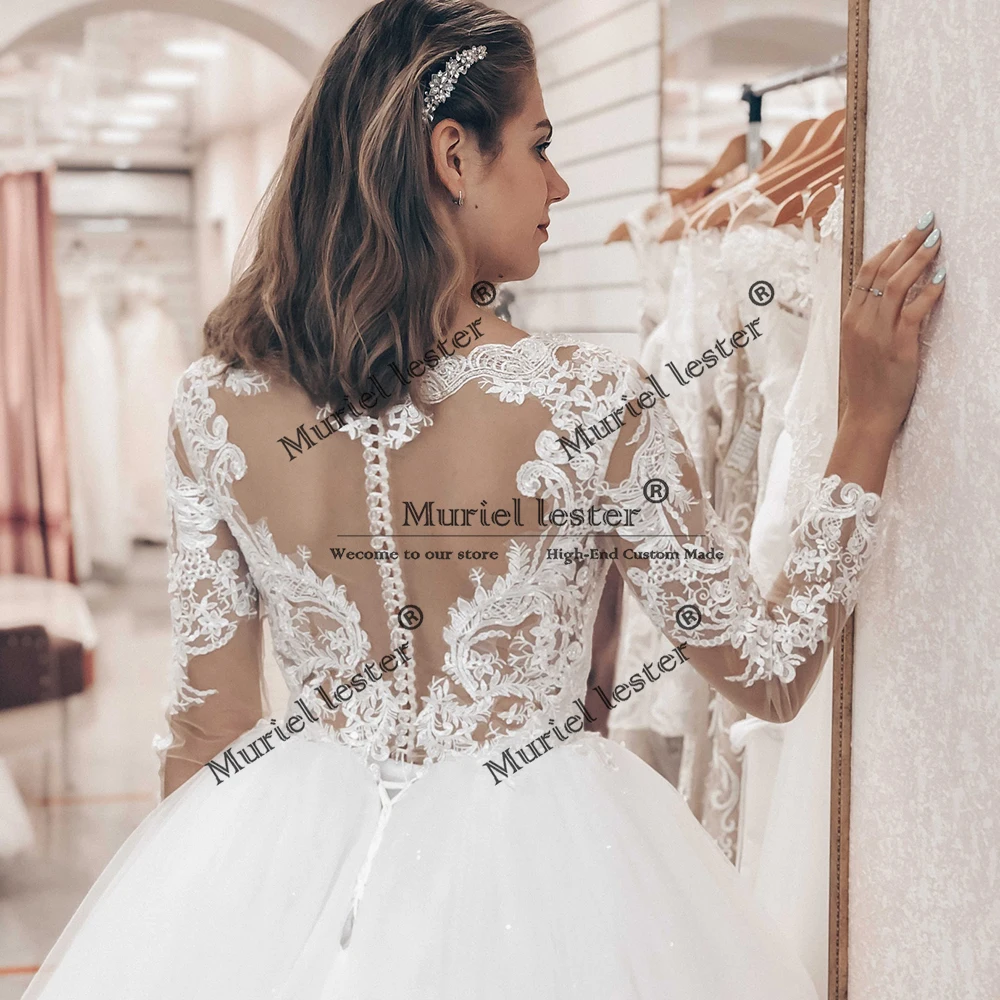 فساتين زفاف رومانسية للأميرة الكرة للعروس بأكمام طويلة مزينة بالدانتيل فساتين زفاف مخصصة للنساء فستان الزواج