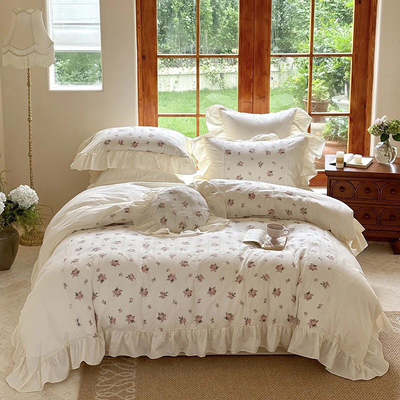 French Vintage Country Washed Cotton Romantic Floral Print Ruffled Bedding Set  Duvet Cover Flat/Fitted Bed Sheet Pillowcases