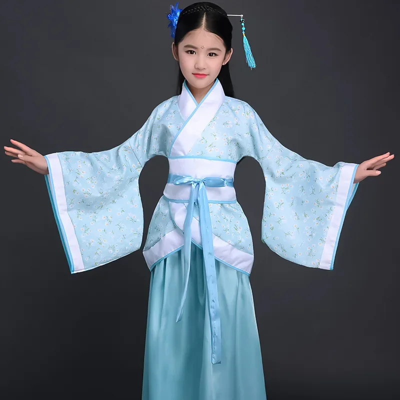 Chinese silk robe Costume Girls Children Kimono China Traditional Vintage Ethnic Fan Students Chorus Dance Costume Hanfu