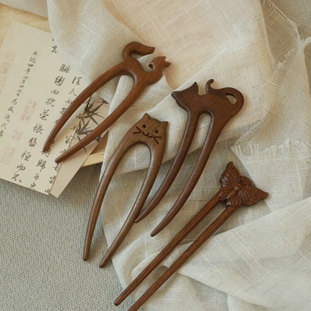 Hout Houten Haarstok Kat Dieren Chinese Stijl Haarspeld Haarstokken voor Broodjes Vlinder Hanfu Hoofddeksels Kapsel Ontwerp Tool