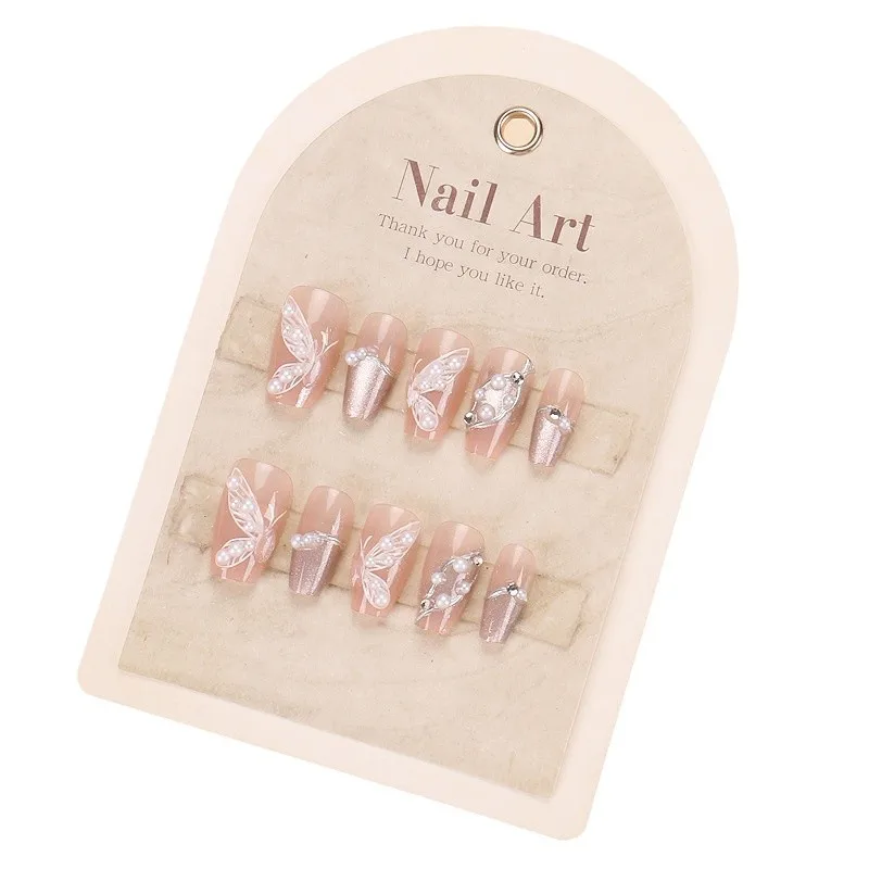 

Wear nail advanced sense autumn handmade nail art piece butterfly pearl fake nail sticker short French style
