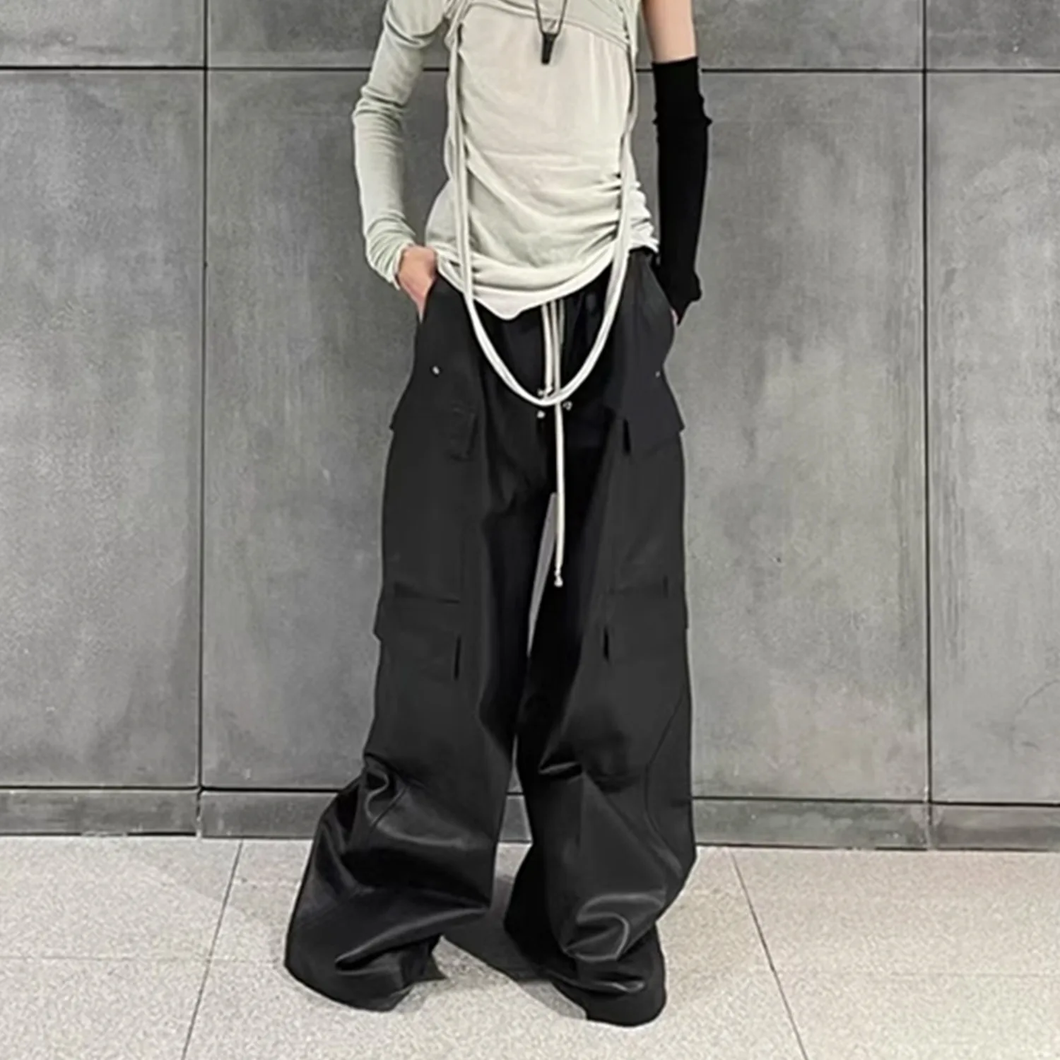 Style Matte PU Leather Pants for Men High Street Y2k Pantalones Hombre Baggy Overall Wide Leg Drawstring Cargo Pants