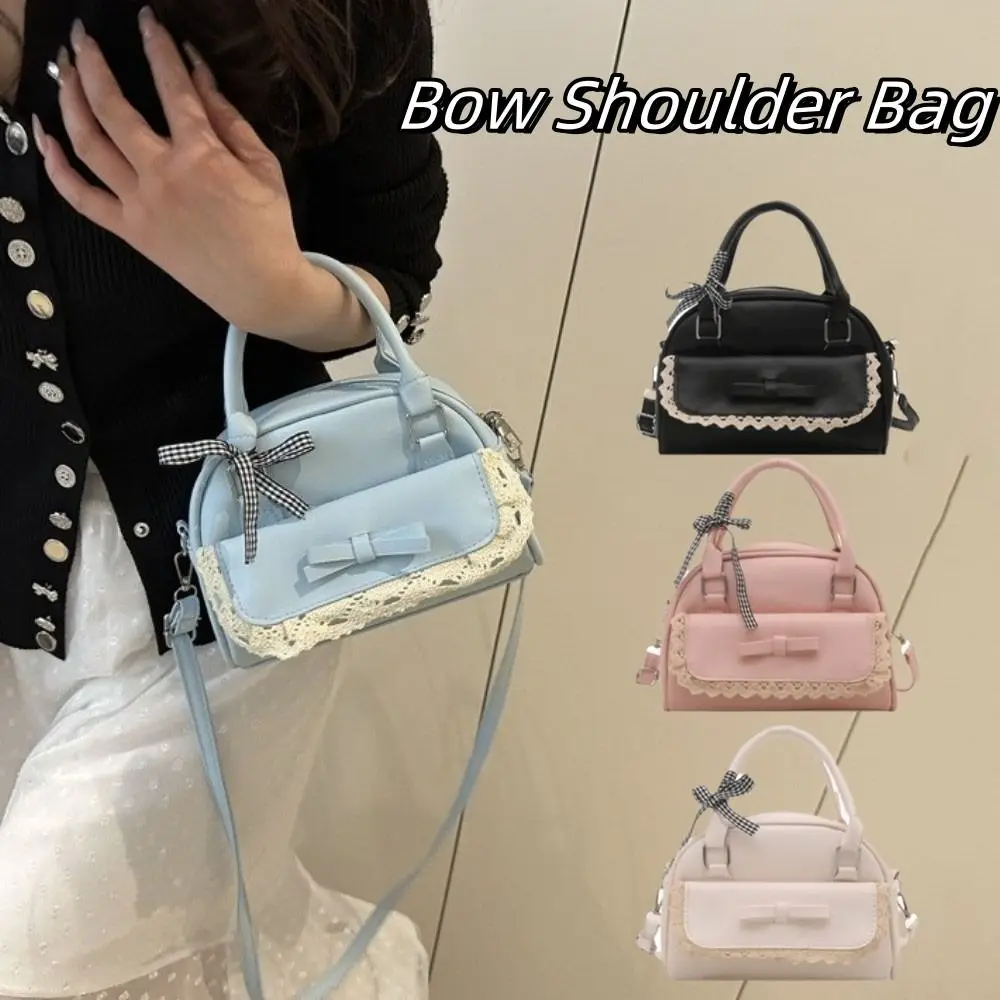 

PU Leather Boston Handbag Lace Ribbon Multifunction Crossbody Bowling Bag Korean Style Zipper Bow Shoulder Bag School
