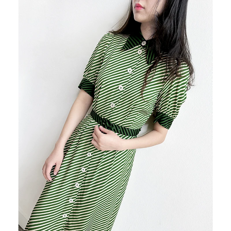 Camisa polo verde com cinto cor bloco listrado vestido midi UK 6-16