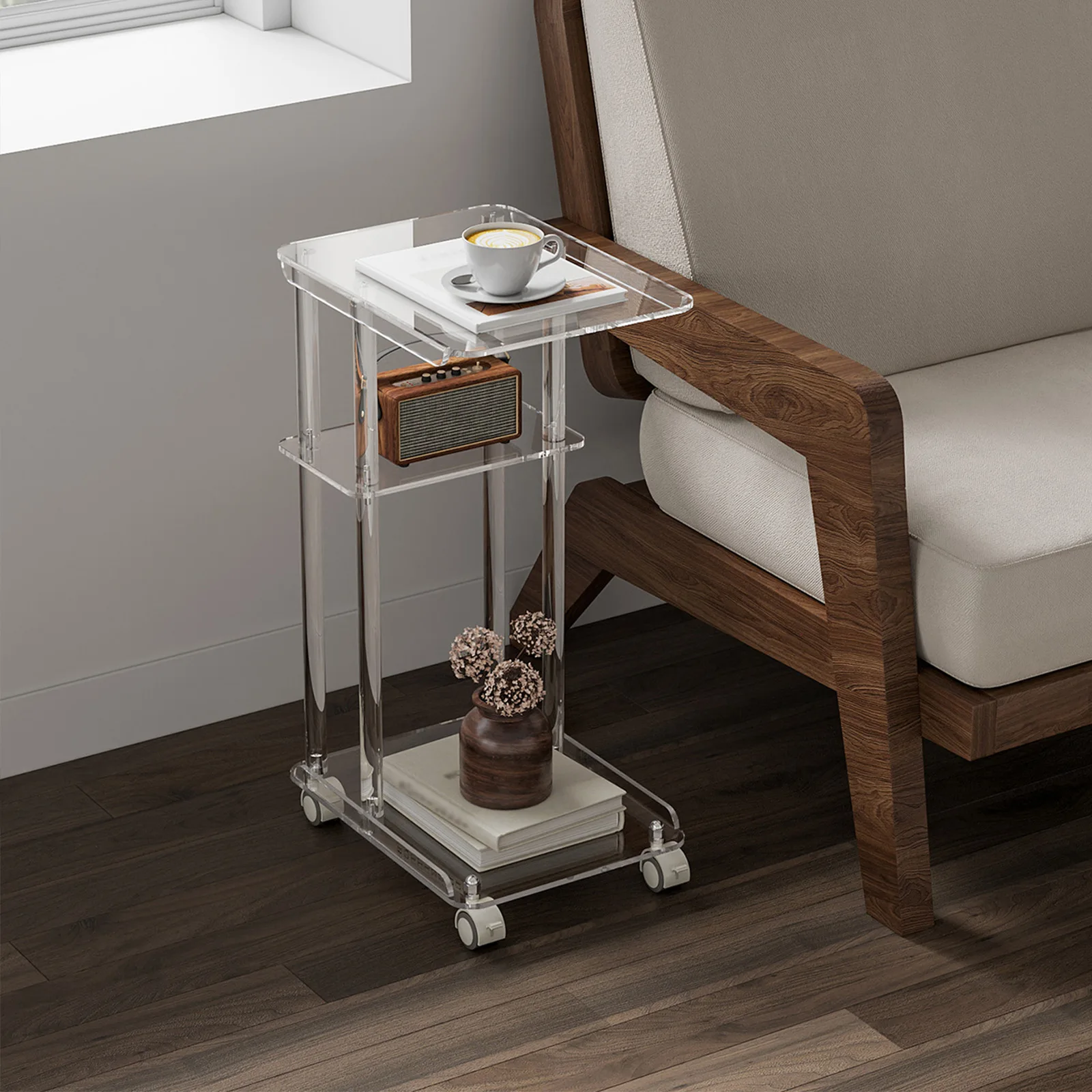 

warmeu acrylic table with wheels, clear rolling side/end table for sofa, living room, bedroom, slide under sofa table for small