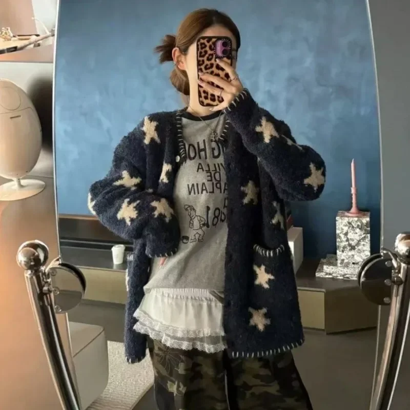 2025 inverno coreano vintage estrela impressão de malha cardigan feminino harajuku camisola manga longa casual outerwear senhoras malhas
