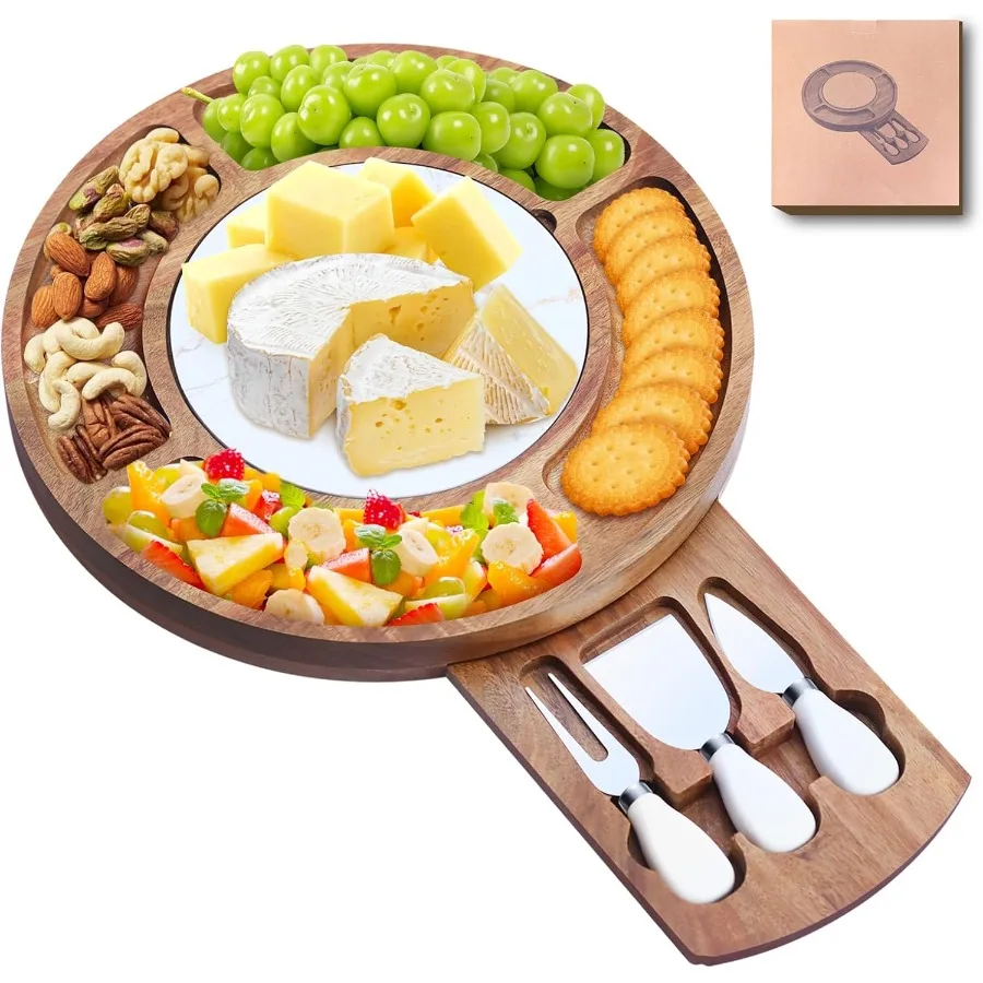 

13.5" Round Acacia Wood Cheese and Charcuterie Board Set with Slate Chiller Hidden Drawer and 420 Stainless Steel Knives Forks