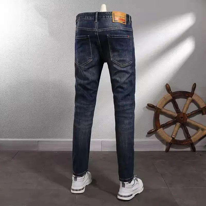 Fashion Trendy Men Jeans High Quality Retro Washed Blue Elastic Slim Fit Designer Jeans Men Vintage Casual Denim Pants Hombre