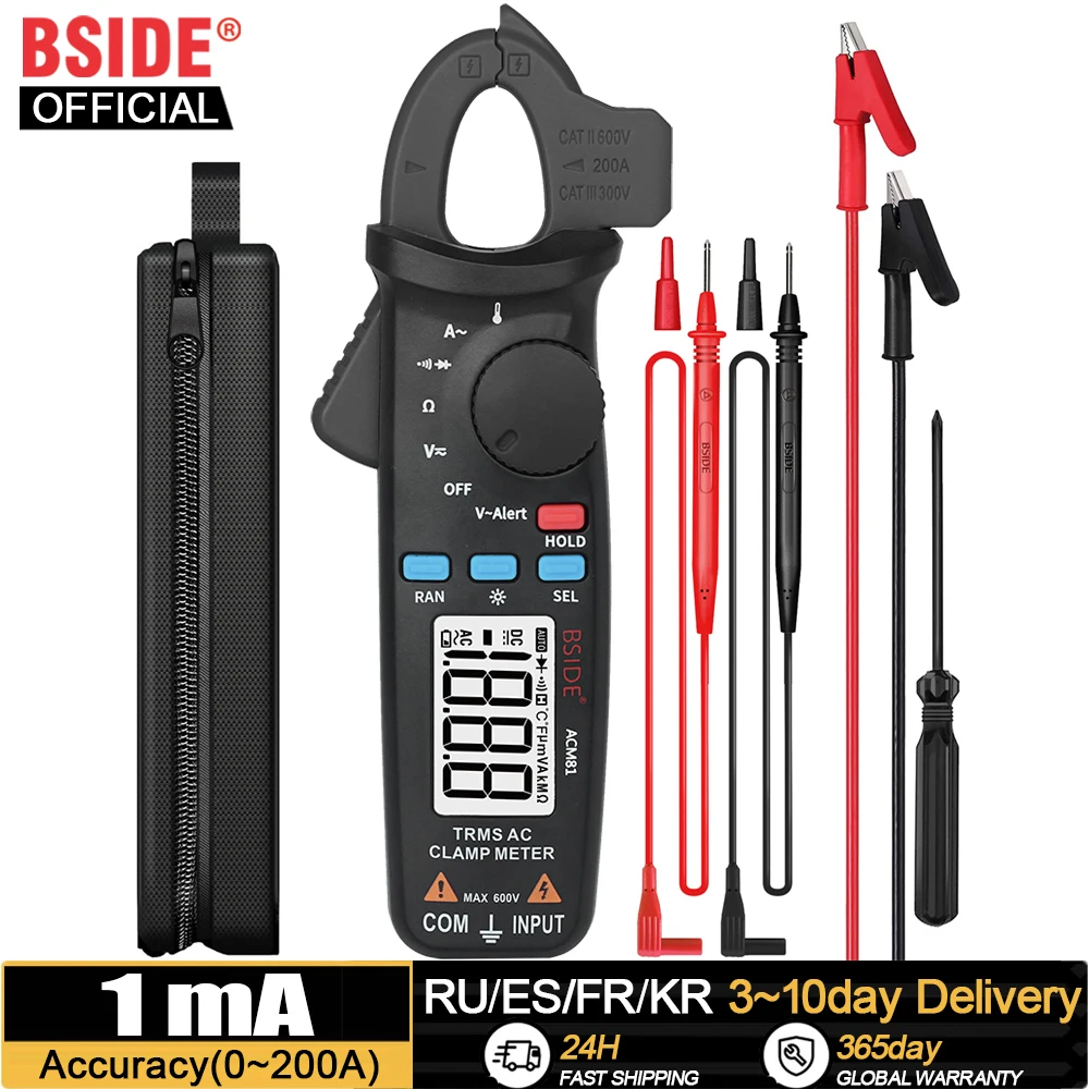 BSIDE Digital Clamp Meter Auto-Rang True RMS 1mA Accuracy 200A Current AC Multimeter Vol Ohm Diode Temperature NCV Tester