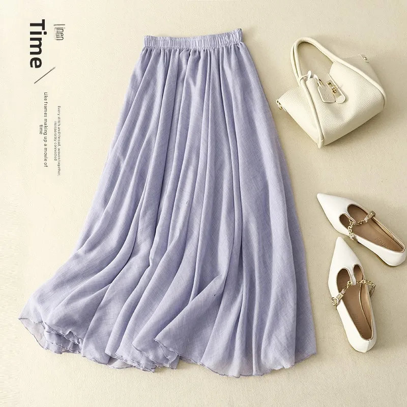 

Double Layer Cotton Lace Hemline Women's Skirt Elastic Waist A-Line Midi Skirt Slimming Color Commute Sle Summer 2024
