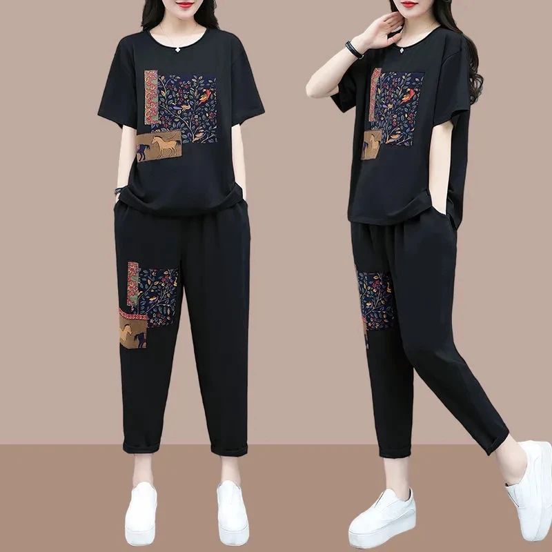 

2023 L-4XL Two-Piece Women's Casual Sportswear Set Summer 2 Piece Set Female Loose 2PCS Femme Pants Two Piece Set