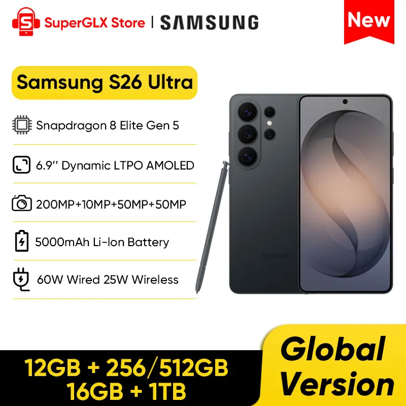 Новый смартфон Samsung Galaxy S26 Ultra 5G (2026) с процессором Snapdragon 8 Elite Gen 5, 6,9-дюймовым 120Гц LTPO AMOLED-дисплеем с функцией защиты конфиденциальности и камерой 200 МП