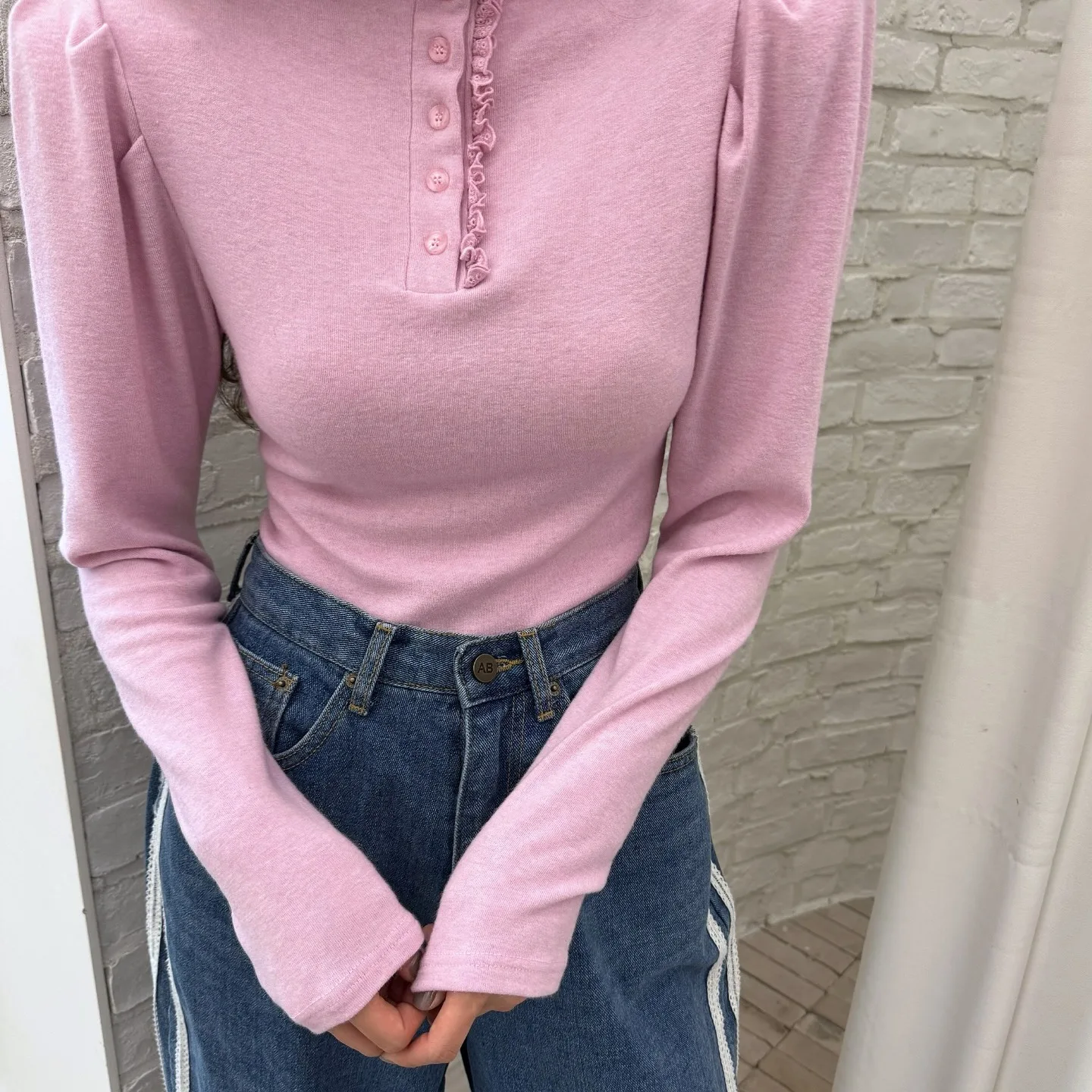 Chic Wooden Ear Half High Collar Long Sleeve Women's T-shirt Slim Fit Base Layer Bubble Sleeve Inner Wear Daily Style Polyest...