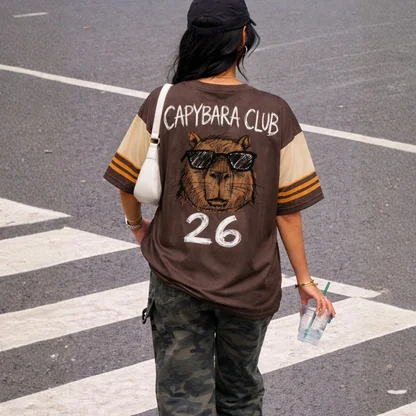 Cool Sunglasses Capybara Letter Print V Neck Jersey Brown Beige Color Block Strip Cuff Retro Casual Streetwear Sports Top