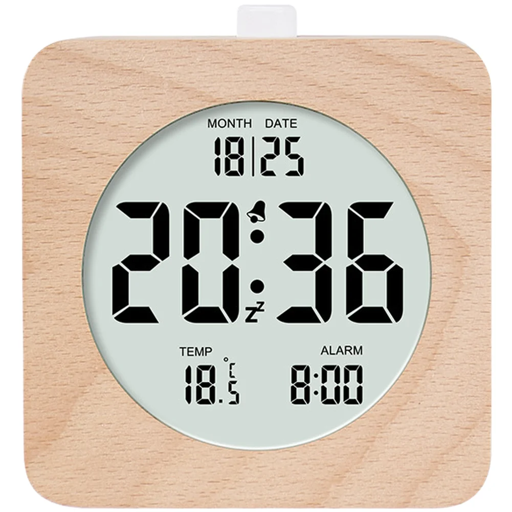 Minimalist Wooden Alarm Clock with Digital LCD Showing Time Date Temperature Low Light Backlight Quiet Function 9.7x4.7x10.3cm