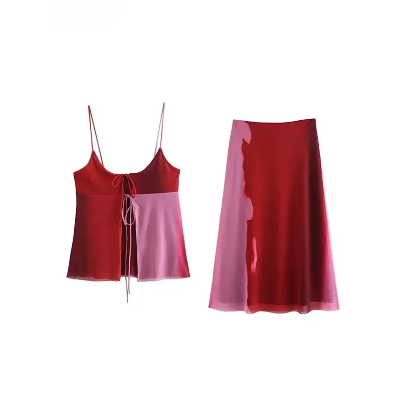 

Printed Sexy Sling Vest Skirts Set Women Loose Lace Up Hollow Out Tops High Waist Long Skirt 2024 Summer New Female Beach Outfit