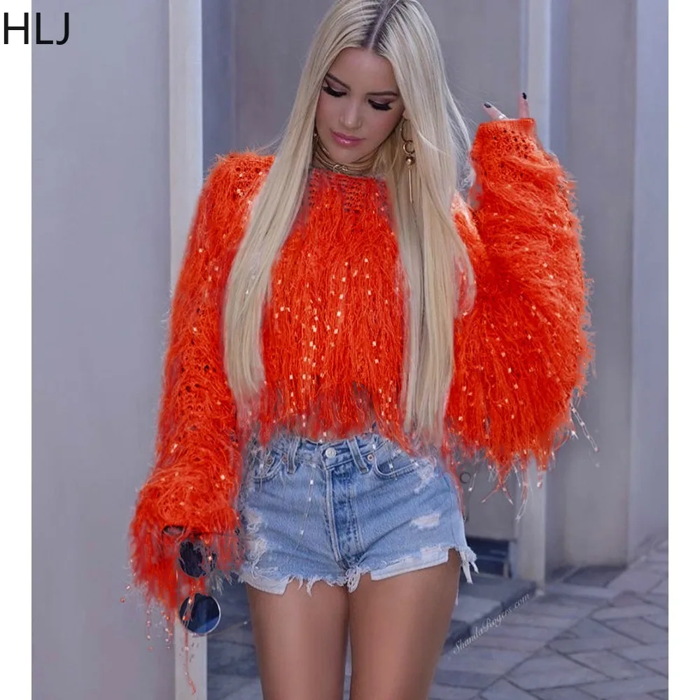 HLJ Fashion Streetwear Women Tassel Knitting Round Neck Long Sleeve Sweater Autumn Casual Solid Color Matching Pullover Top 2023