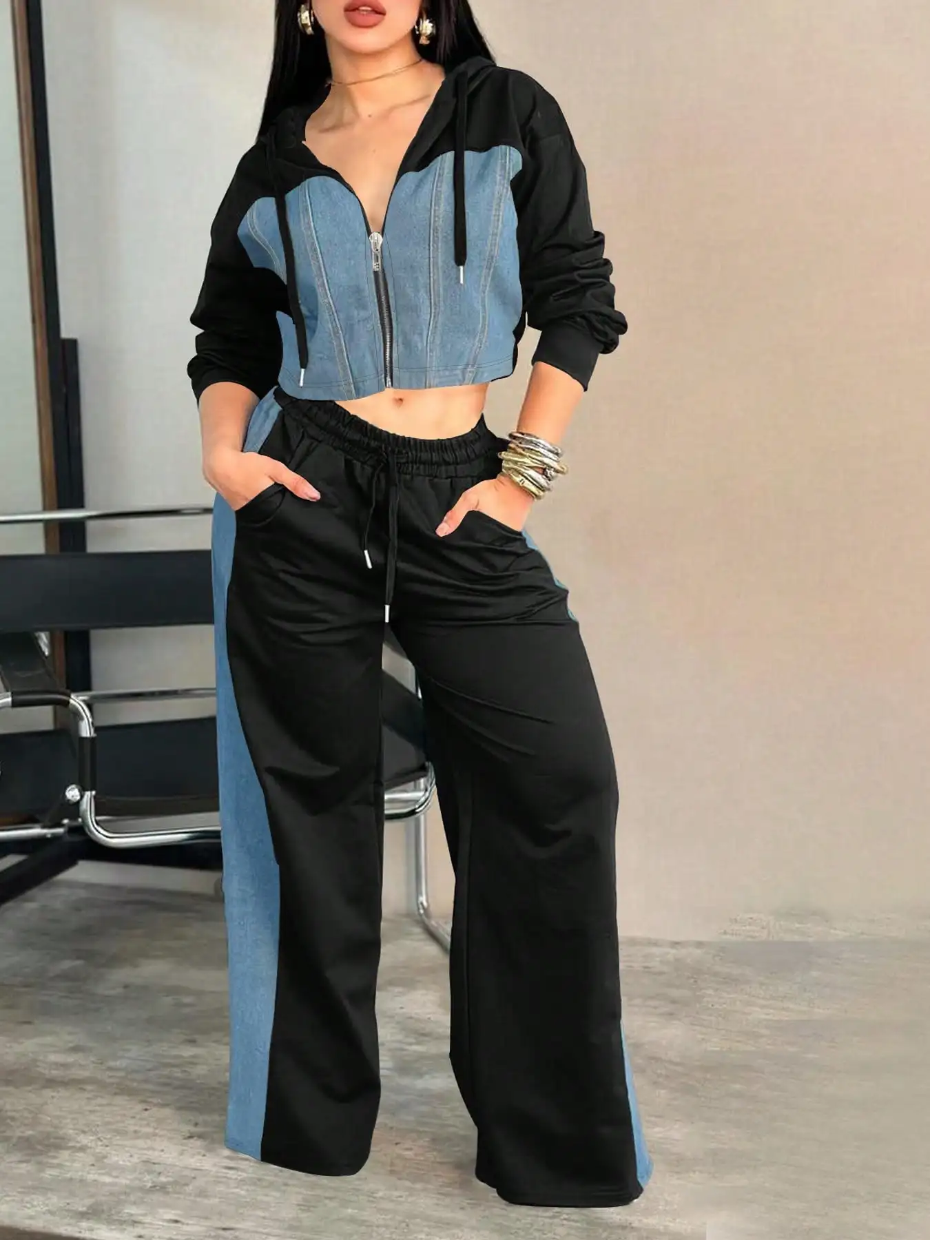 

Women's Cropped Hooded Zip-Up Top & Wide-Leg Pants 2-Piece Set