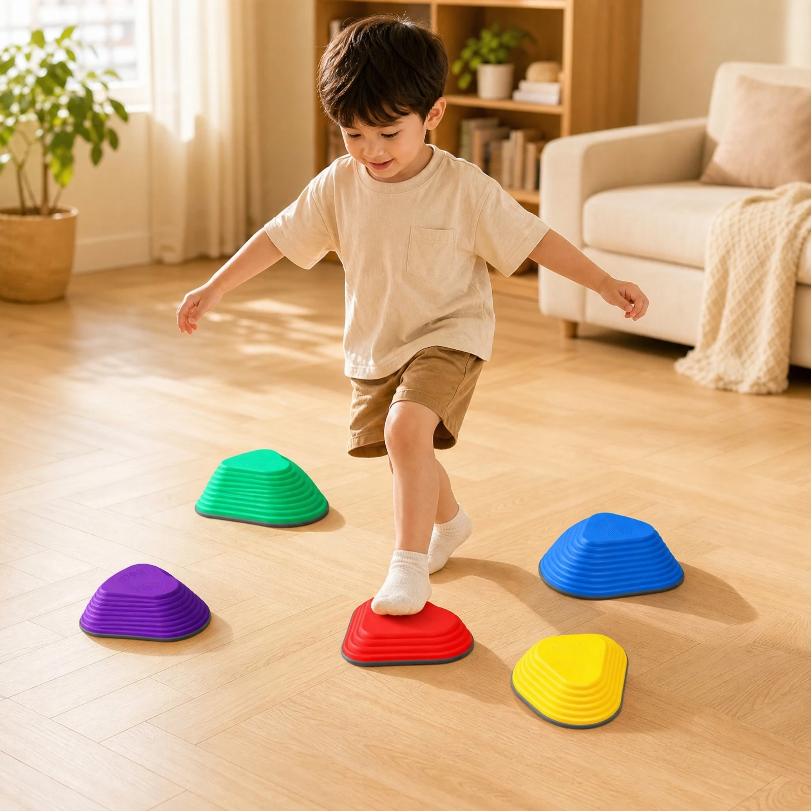 5 Pieces Stepping Stone with Anti-Slip Base Stackable Balance Stones for Children Ages 3 to 6, Indoor Obstacle Courses