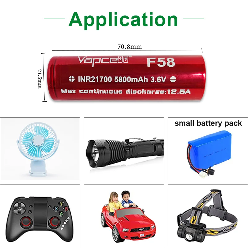 1-8 Original Vapcell F58 INR 21700 5800mah 12.5A 3.6V Battery High Power Li-ion Batteries Cell For Flashlight Battery Pack