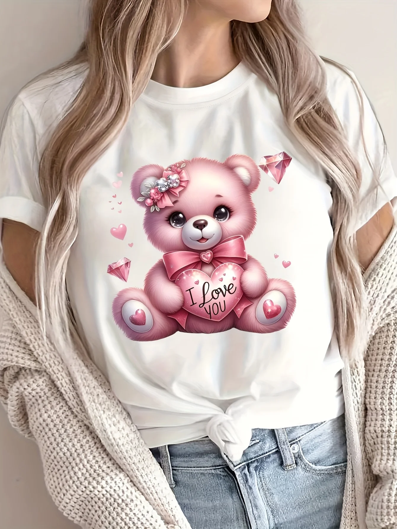 Women'S Valentine'S Day Teddy Bear Graphic T-Shirt - Soft Breathable Green Tee with Pink Hearts & 