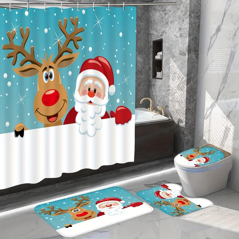 4Pcs Bathroom Blue White Santa With Reindeer Shower Curtain Set, Christmas Holiday Red Christmas Hat Old Man White Bear
