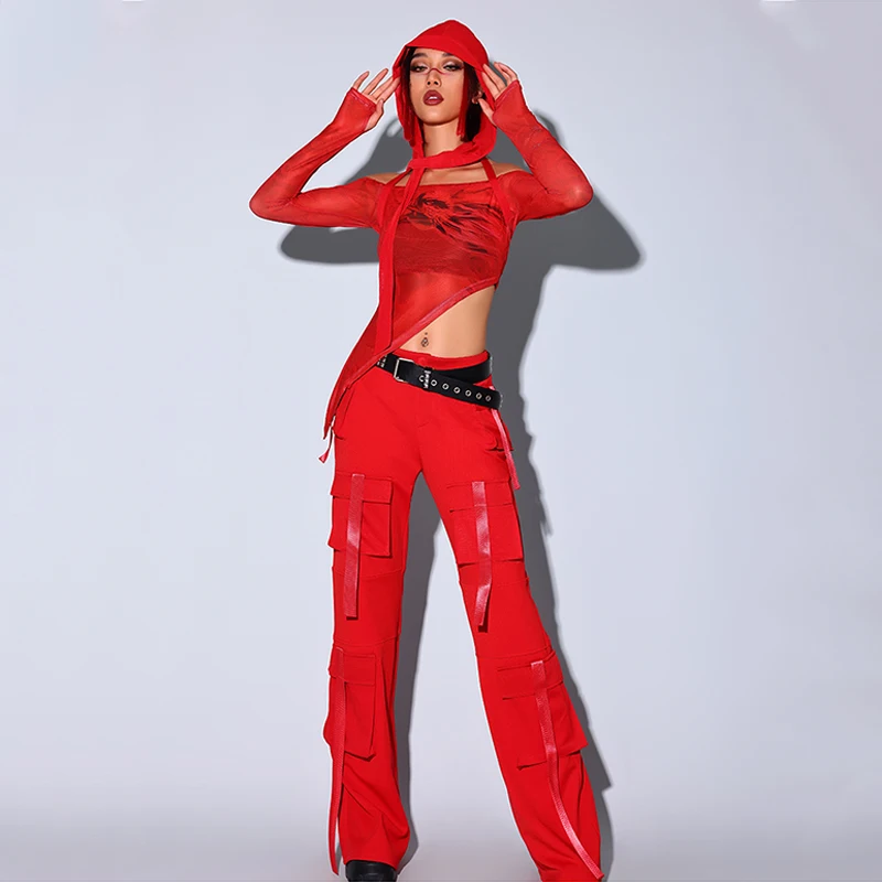 ชุดเต้นแจ๊สสไตล์เคป๊อปสำหรับผู้หญิง ชุดสีแดงสำหรับผู้ใหญ่ ชุดนักร้องดีเจในไนต์คลับ ชุดนักเต้นโกโก้ ชุดแสดง ชุดดราควีน ชุดเรฟ BL13353