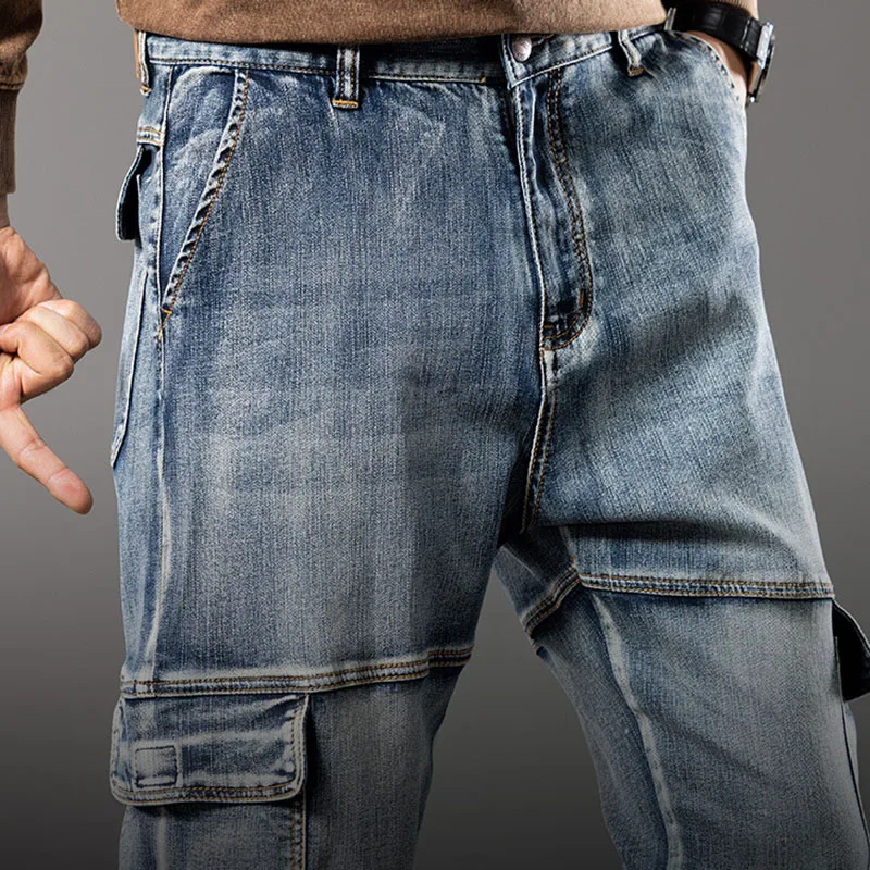 خريف أنماط جديدة في الهواء الطلق الرجال واسعة الساق الجينز عمال متعددة جيب مستقيم Pents فضفاض الجينز حجم كبير مدبب الجينز #5