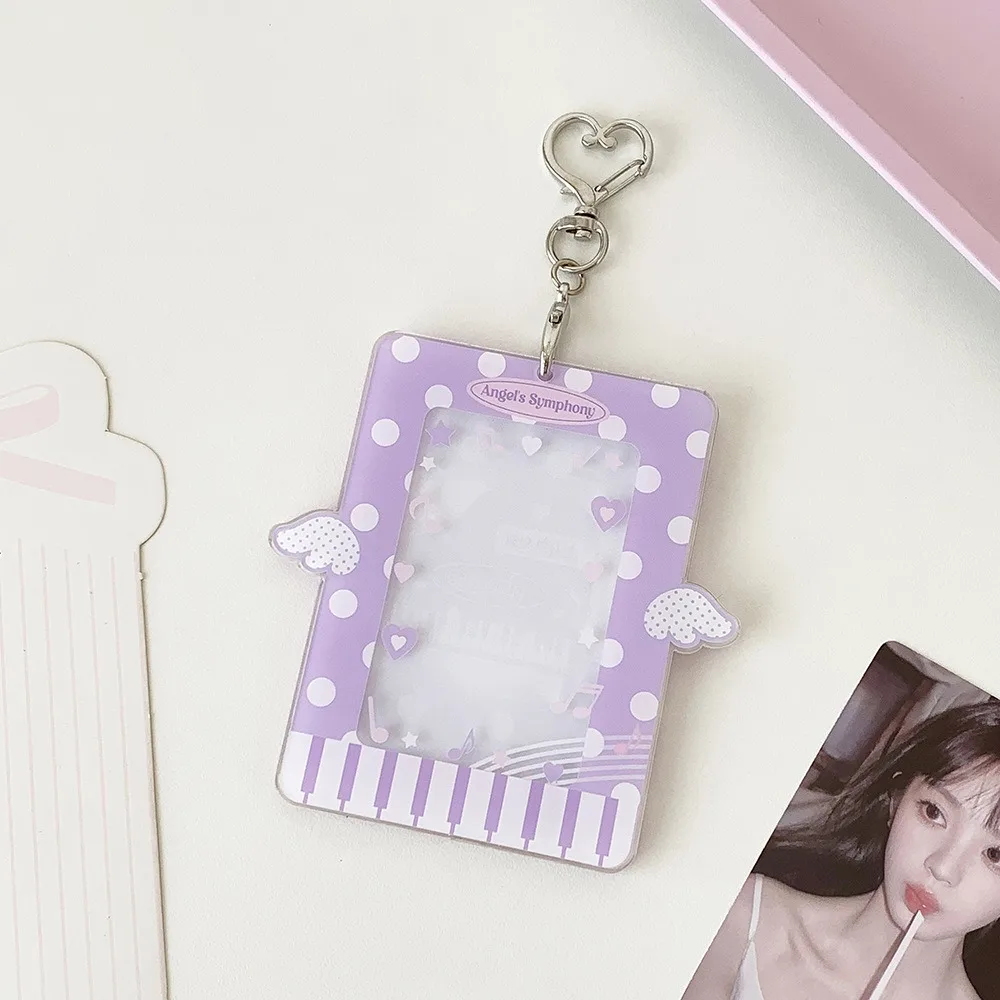 Acrylic Kpop Photocard Holder Keychain 3 Inch Polka Dot Wings Idol Card Display Protector Transparent Cartoon Card Holder
