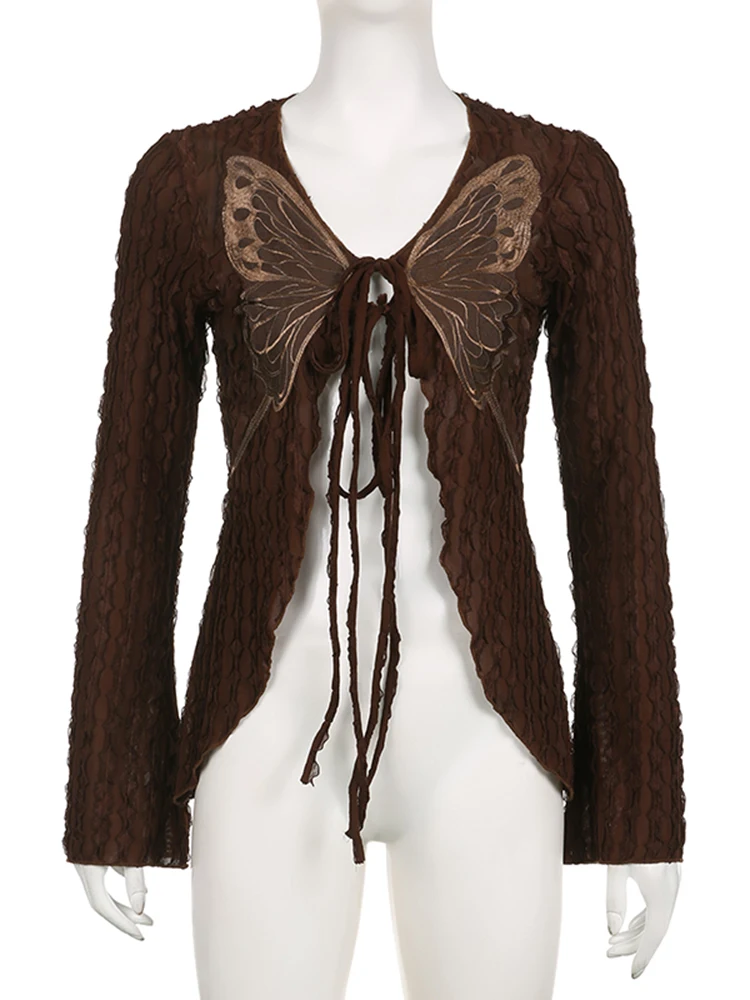 Rockmore Lace Butterfly Patchwork Cardigan Top for Women Y2K Aesthetics Brown Bandage Long Sleeve T Shirts Grunge Fairycore