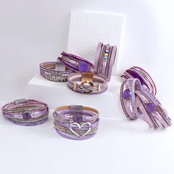 ALLYES Elegant Purple Leather Bracelets for Women Men Bohemian Charm Crystal Beads Heart Bracelet Cuff Bangles Jewelry Gifts