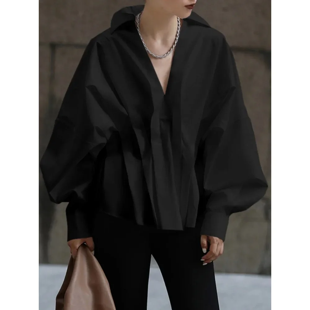 Modigirl Women\'s Blouses Long Puff Sleeves 2025 Spring Summer Pleated Lapel White Black Loose Office ShirtsTops for Female