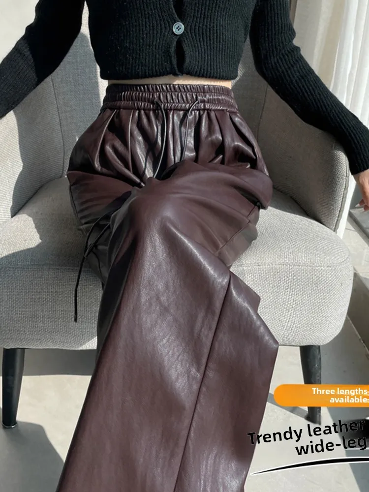 Pantaloni a gamba larga in pelle PU a vita alta Pantaloni invernali in vita elastica da donna drappeggiati dimagranti pantaloni in pelle casual foderati con gamba dritta