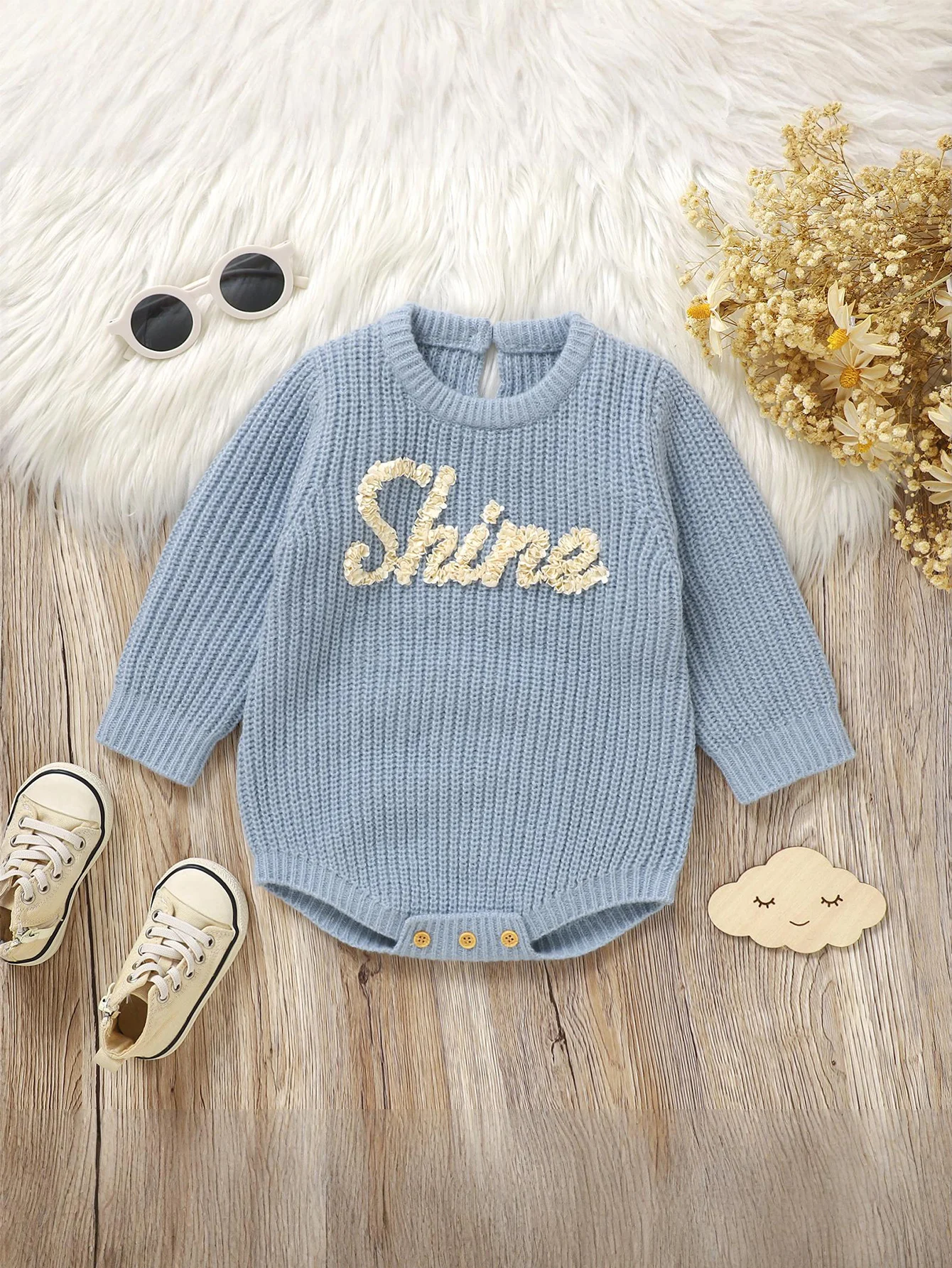 

Baby Boys Cute Letter Embellished Long Sleeve Knitted Bodysuit For Fall & Winter