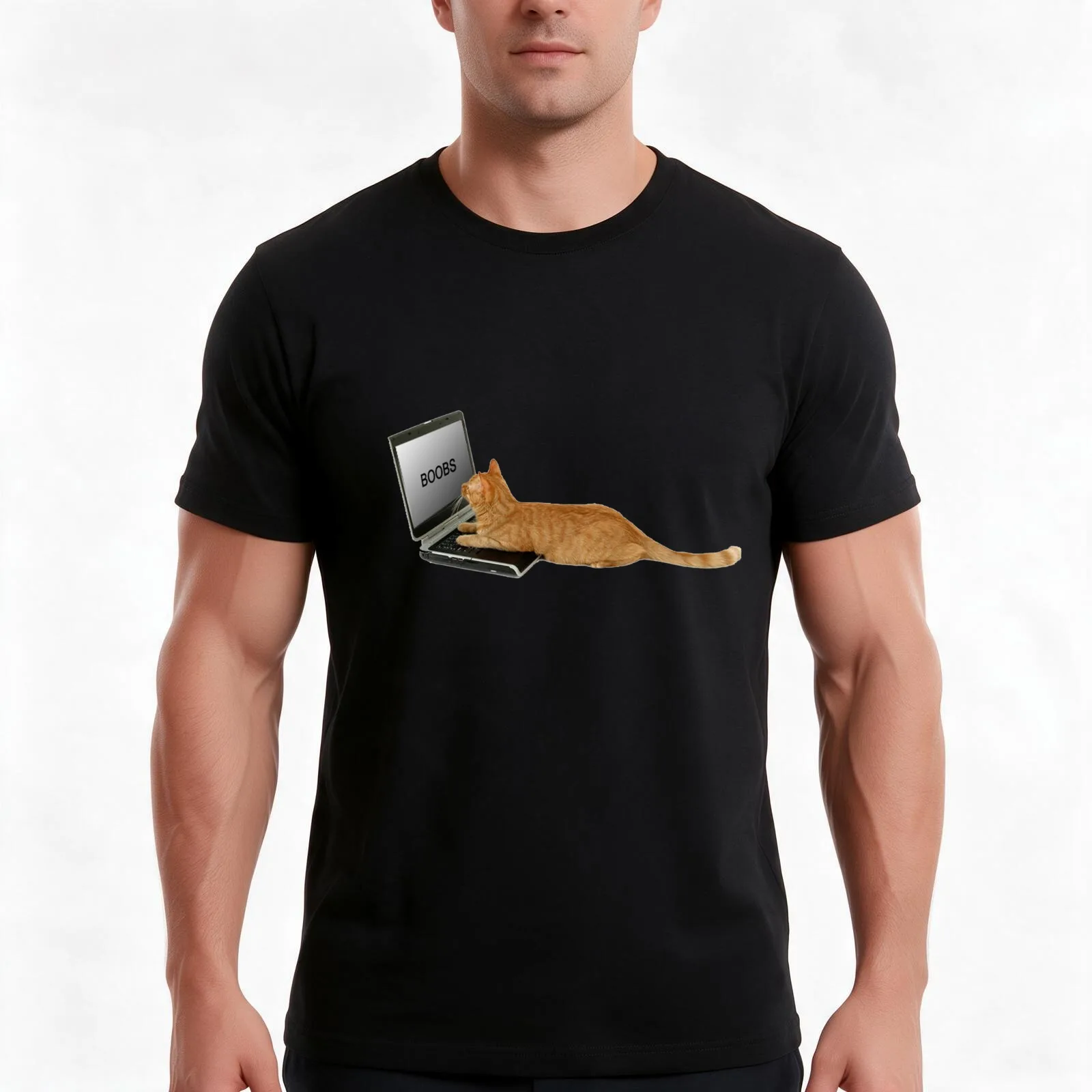 Laptop Cat BOOBS T-Shirt, Summer Casual Cotton Tee, Oversized Streetwear Tops, Vintage Graphic Print, Loose Fit Short Sleeve