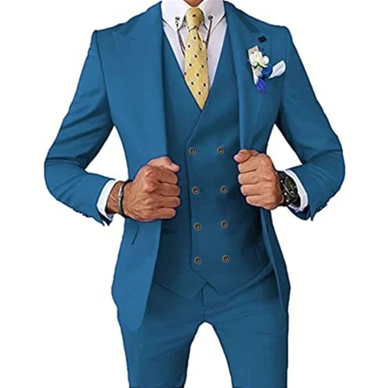 2024 New Men Business Stretch Fabric Double Slit Slim Fit Wedding Dress Suit Coat Set Male 3 Pcs Set Blazers Jacket Pants Vest