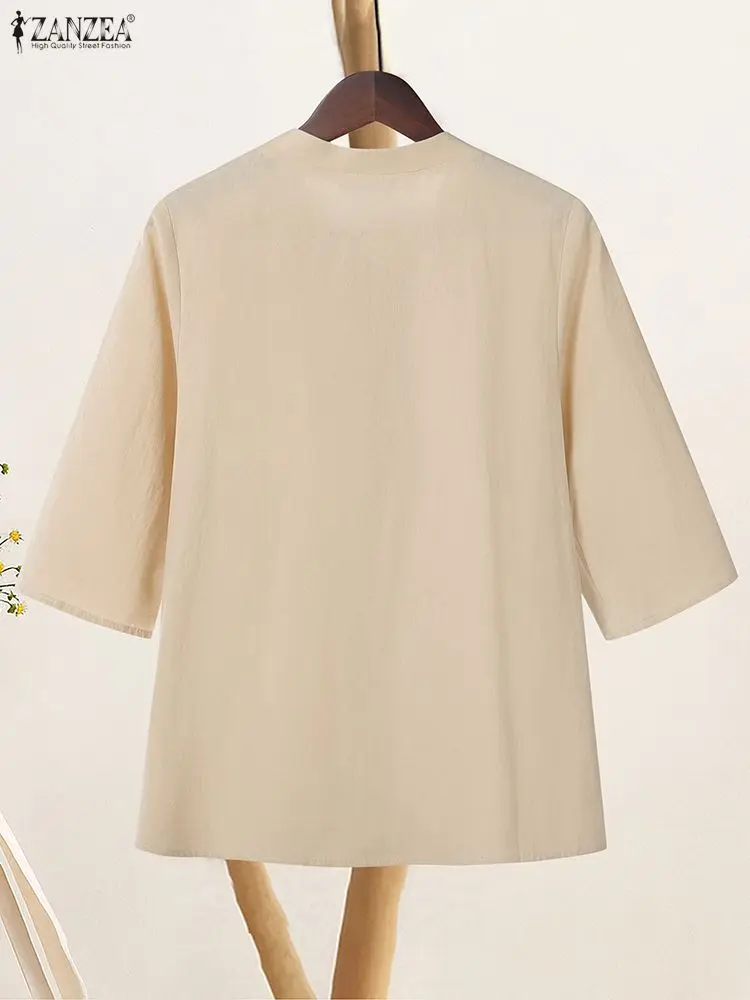 Vintage Shirts ZANZEA Vrouwelijke Katoenen Blouse Herfst Shirt Vrouwen Stand Hals 3/4 Mouw Werk Tops Casual Solid Knoppen Blusas 2025
