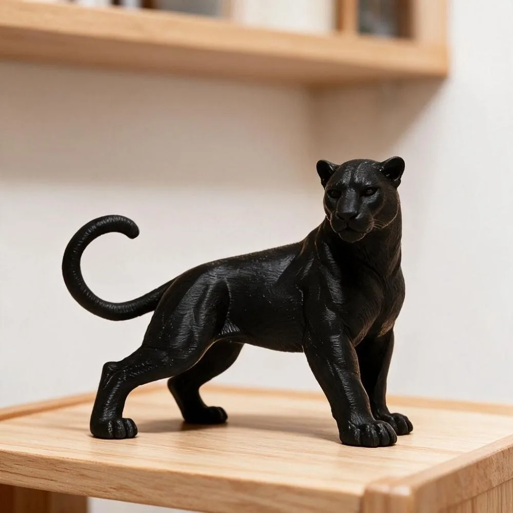 Black 3D Printing Panther Statue Standing Posture Head Turning Panther Desktop Ornament Tail Up Muscular Leopard Figure Friend