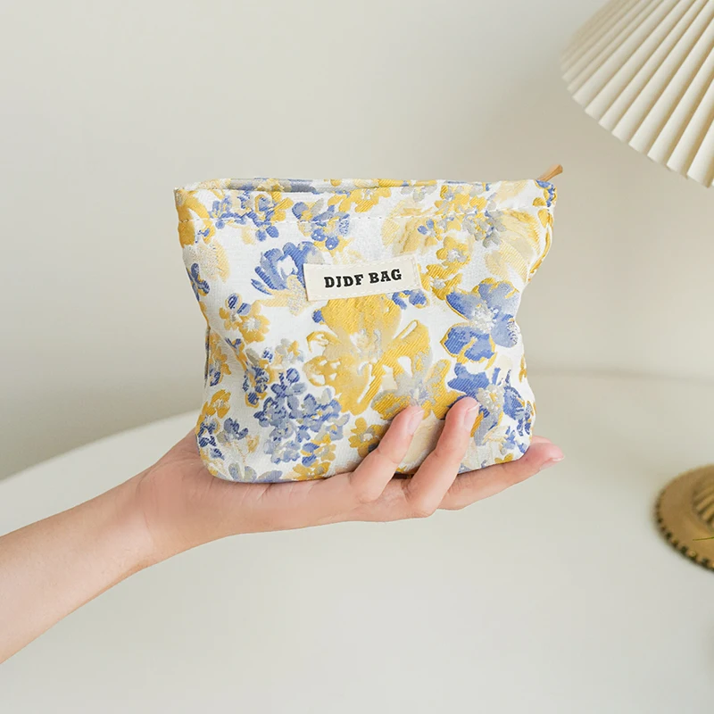 Women\'s Cosmetic bag Small Size Yellow Purple Floral Cosmetics Lipstick Loose Change Storage Bag Portable Travel Cloth Bag Ins