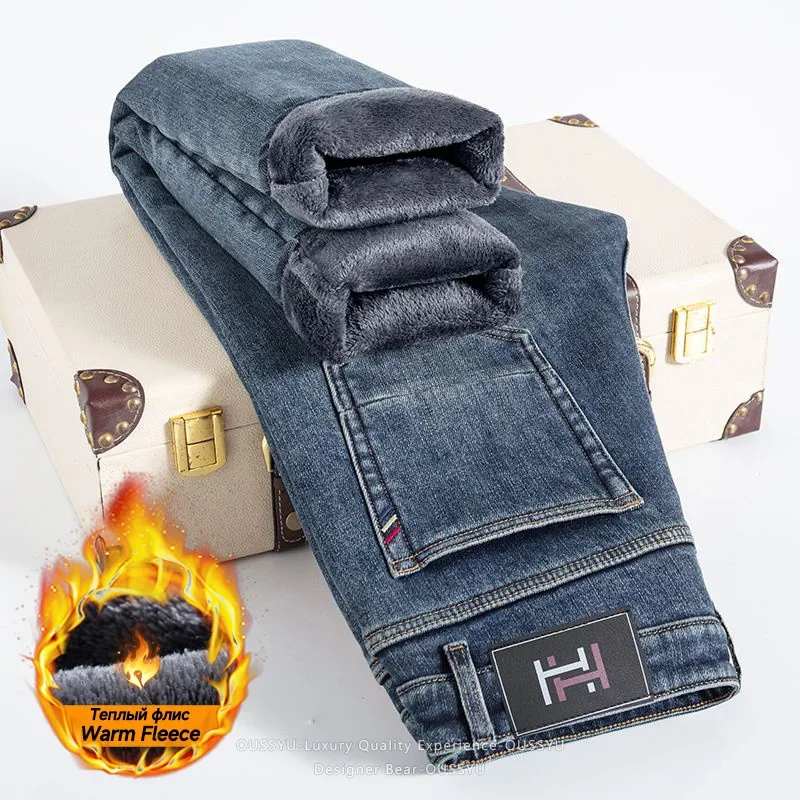 Brand Clothing Winter Warm Fleece Men's Jeans Solid Color Thicked Denim Pants Work Stretch Outdoors Classic Trouser Plus Size 40