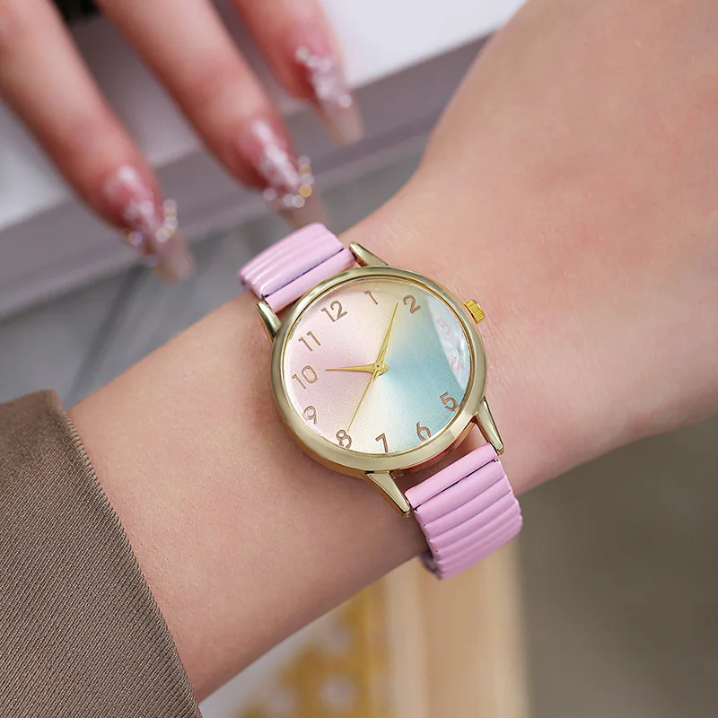 Creative Student Women's Quartz Watch Elastic Strap Casual Ladies Watch Rainbow Color Dial Fashion Wristwatch For Daily School