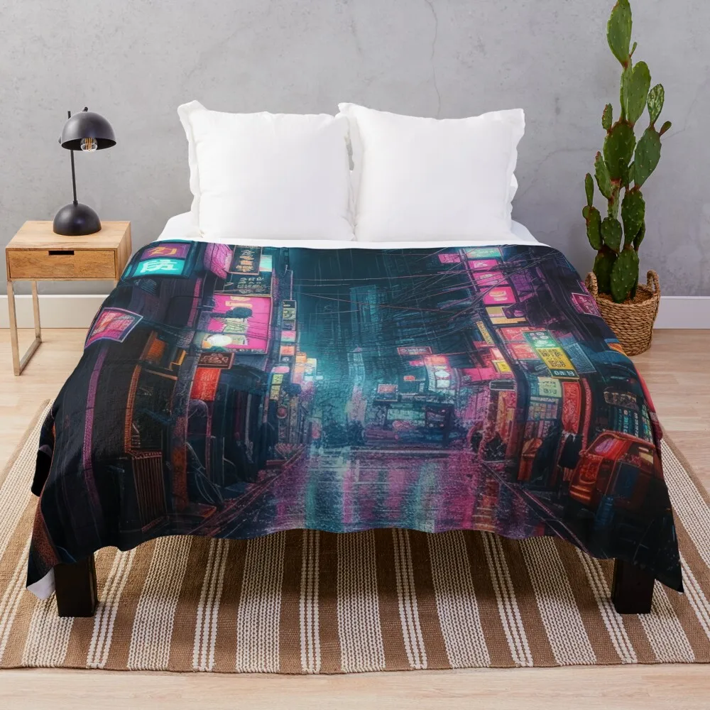 Neon City Raining Design - Tokyo Japan Throw Blanket Decorative Sofa anime Soft Big blankets ands Blankets