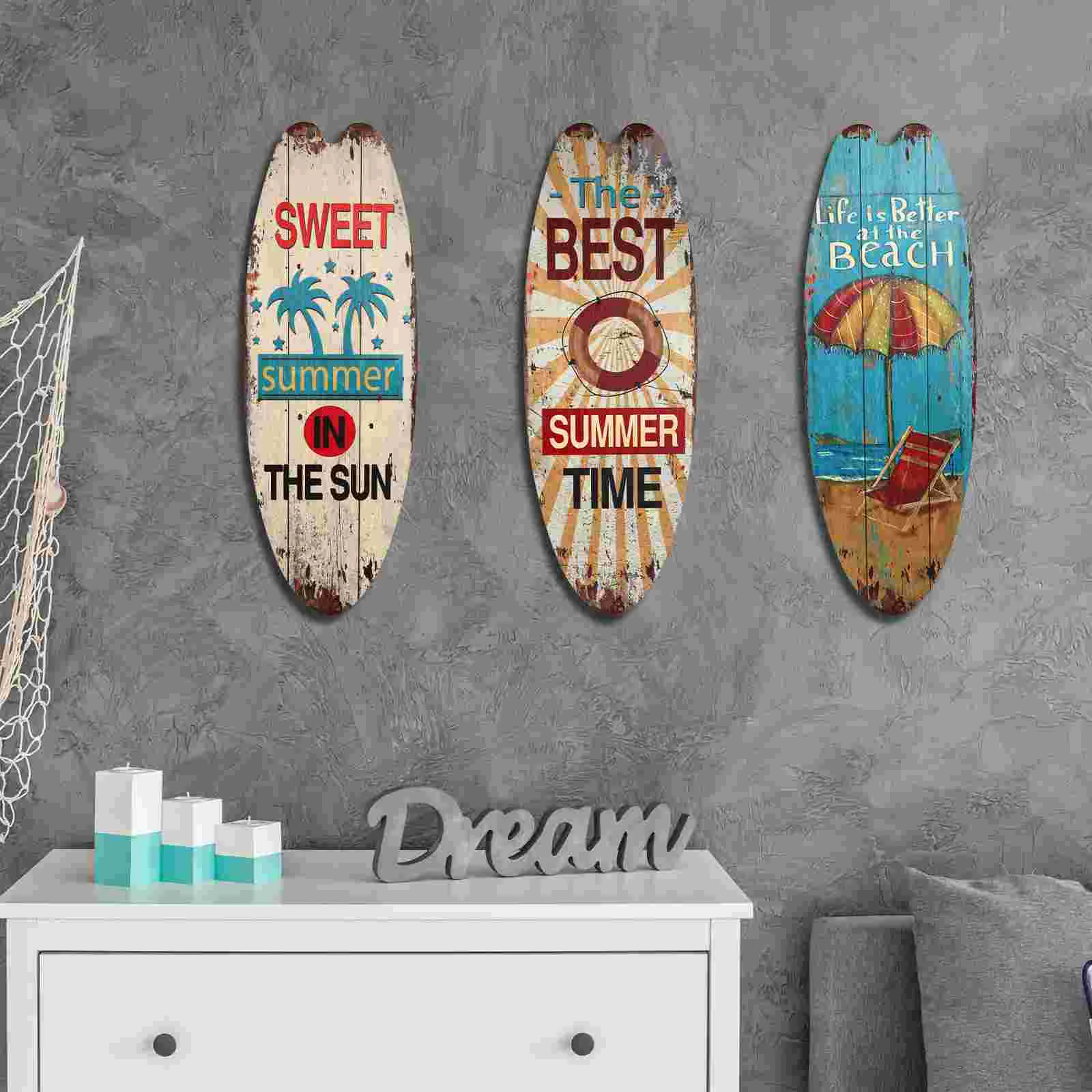 3 Pcs Surfboard Wooden Sign Decoration Hanging Ornament Indoor Plaque Stickers Kids Outdoor Porch Sculpture Wall