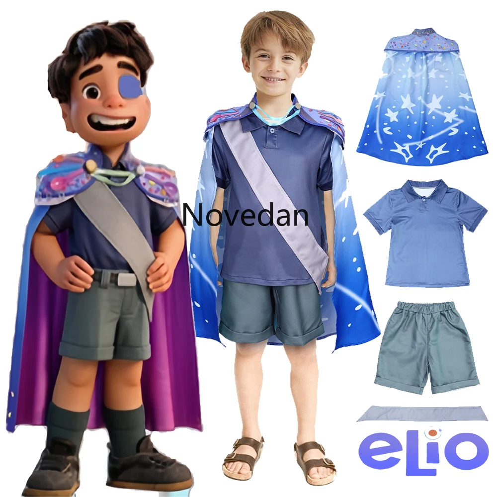 Boys Halloween Costume Kids New 2025 Cartoon Movie Elio Cosplay T Shirt Shorts Cape Cloak Full Set Outfit Anime Alien Costume
